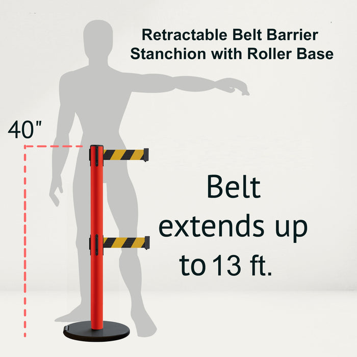 Retractable Belt Barrier Stanchion, Rolling Base, Red Steel Post, 13 ft Dual Belt - Montour Line MSE630D - Crowd Control Warehouse