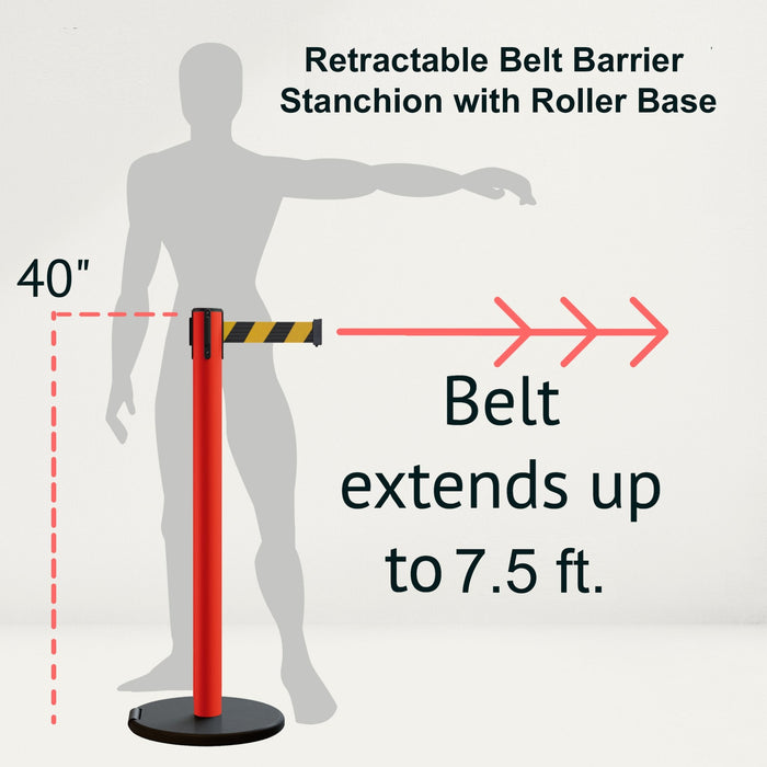 Retractable Belt Barrier Stanchion, Rolling Base, Red Steel Post, 7.5 ft Belt - Montour Line MSE630 - Crowd Control Warehouse