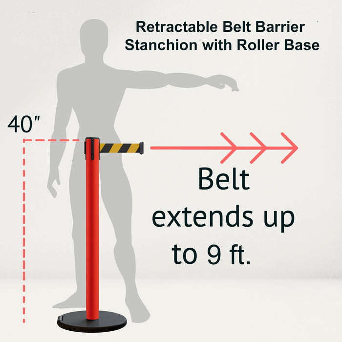 Retractable Belt Barrier Stanchion, Rolling Base, Red Steel Post, 9 ft Belt - Montour Line MSE630 - Crowd Control Warehouse