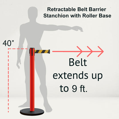Retractable Belt Barrier Stanchion, Rolling Base, Red Steel Post, 9 ft Belt - Montour Line MSE630 - Crowd Control Warehouse