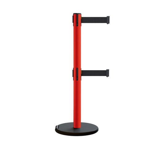 Retractable Belt Barrier Stanchion, Rolling Base, Red Steel Post, 9 ft Dual Belt - Montour Line MSE630D - Crowd Control Warehouse
