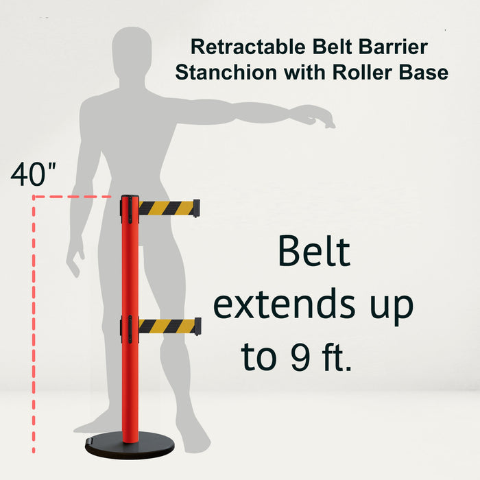 Retractable Belt Barrier Stanchion, Rolling Base, Red Steel Post, 9 ft Dual Belt - Montour Line MSE630D - Crowd Control Warehouse