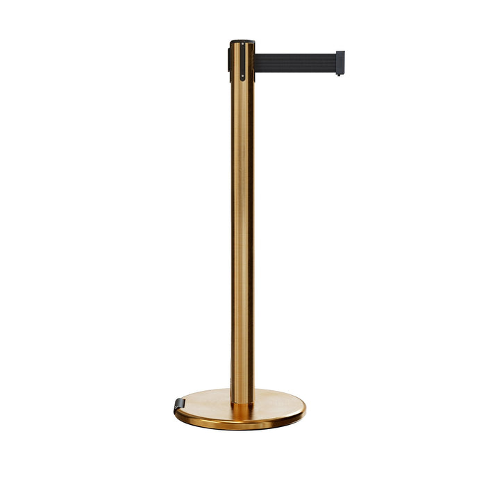 Retractable Belt Barrier Stanchion, Rolling Base, Satin Brass Post, 7.5 ft Belt - Montour Line ME630 - Crowd Control Warehouse