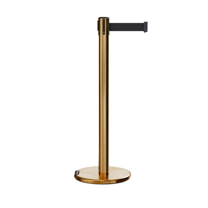 Retractable Belt Barrier Stanchion, Rolling Base, Satin Brass Post, 7.5 ft Belt - Montour Line ME630 - Crowd Control Warehouse