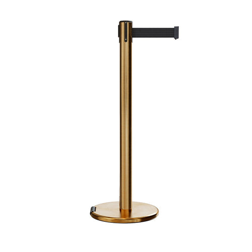Retractable Belt Barrier Stanchion, Rolling Base, Satin Brass Post, 7.5 ft Belt - Montour Line ME630 - Crowd Control Warehouse