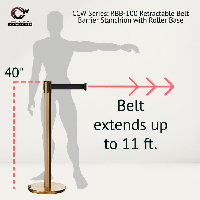 Retractable Belt Barrier Stanchion, Rolling Base, Satin Brass Post, 11 ft Belt - Montour Line ME630 - Crowd Control Warehouse