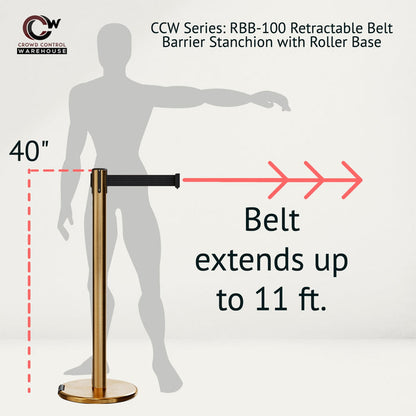Retractable Belt Barrier Stanchion, Rolling Base, Satin Brass Post, 11 ft Belt - Montour Line ME630 - Crowd Control Warehouse