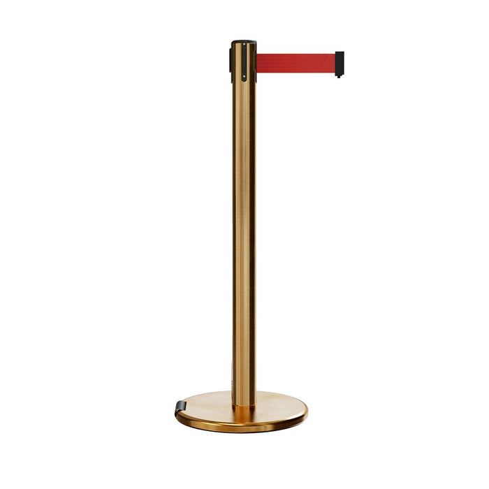 Retractable Belt Barrier Stanchion, Rolling Base, Satin Brass Post, 7.5 ft Belt - Montour Line ME630 - Crowd Control Warehouse