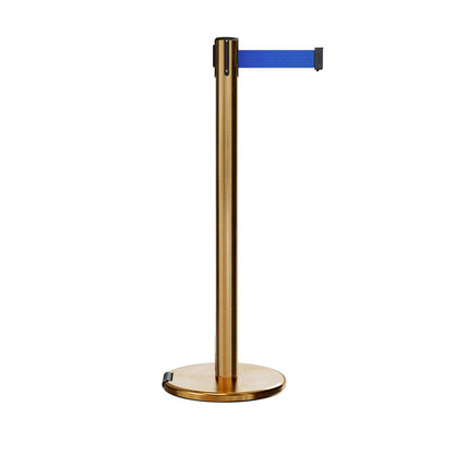 Retractable Belt Barrier Stanchion, Rolling Base, Satin Brass Post, 7.5 ft Belt - Montour Line ME630 - Crowd Control Warehouse