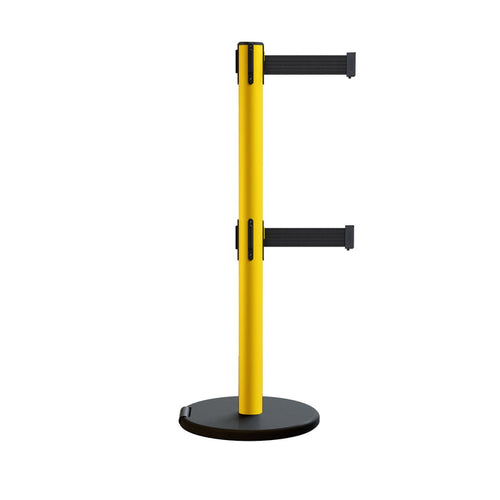 Retractable Belt Barrier Stanchion, Rolling Base, Yellow Steel Post, 11 ft Dual Belt - Montour Line MSE630D - Crowd Control Warehouse
