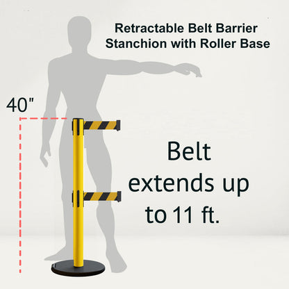 Retractable Belt Barrier Stanchion, Rolling Base, Yellow Steel Post, 11 ft Dual Belt - Montour Line MSE630D - Crowd Control Warehouse