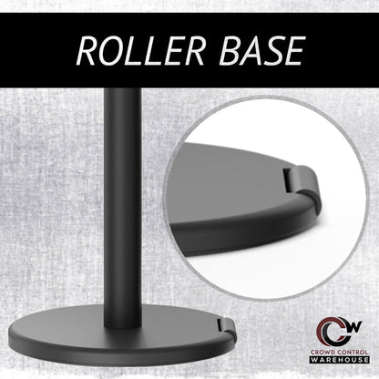 Retractable Belt Barrier Stanchion, Rolling Base, Yellow Steel Post, 11 ft Dual Belt - Montour Line MSE630D - Crowd Control Warehouse
