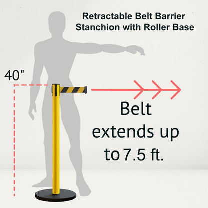Retractable Belt Barrier Stanchion, Rolling Base, Yellow Steel Post, 7.5 ft Belt - Montour Line MSE630 - Crowd Control Warehouse