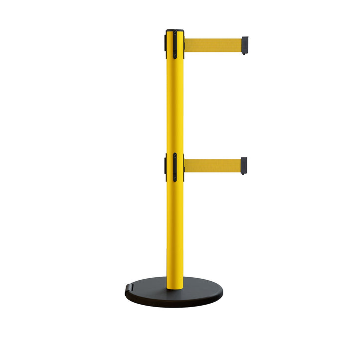 Retractable Belt Barrier Stanchion, Rolling Base, Yellow Steel Post, 7.5 ft Dual Belt - Montour Line MSE630D - Crowd Control Warehouse