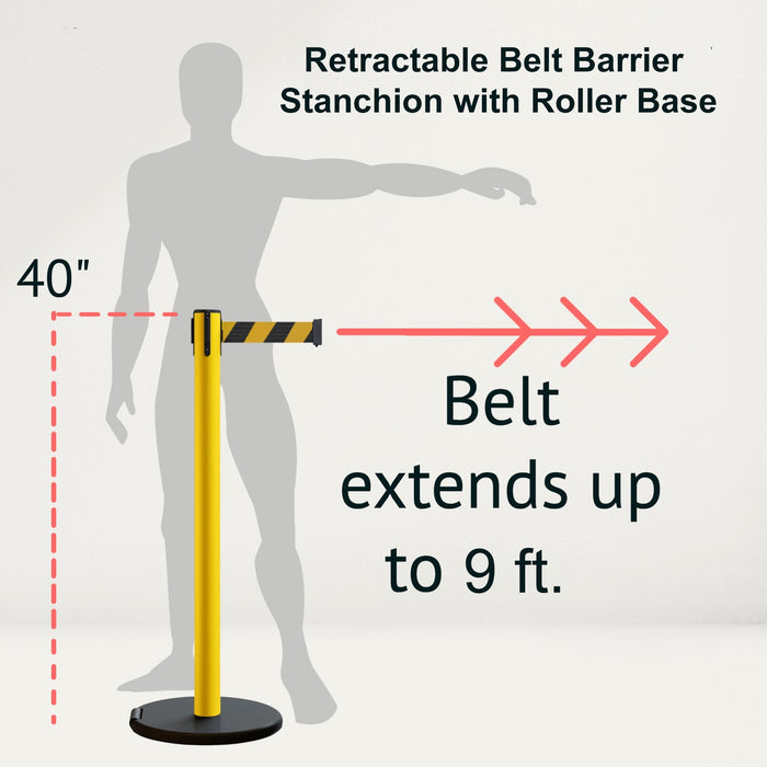 Retractable Belt Barrier Stanchion, Rolling Base, Yellow Steel Post, 9 ft Belt - Montour Line MSE630 - Crowd Control Warehouse
