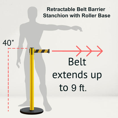 Retractable Belt Barrier Stanchion, Rolling Base, Yellow Steel Post, 9 ft Belt - Montour Line MSE630 - Crowd Control Warehouse