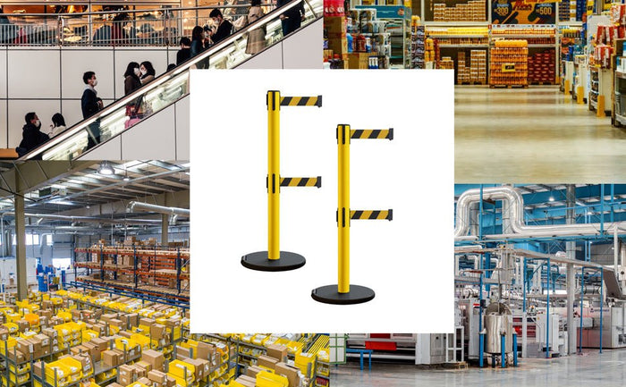 Retractable Belt Barrier Stanchion, Rolling Base, Yellow Steel Post, 9 ft Dual Belt - Montour Line MSE630D - Crowd Control Warehouse