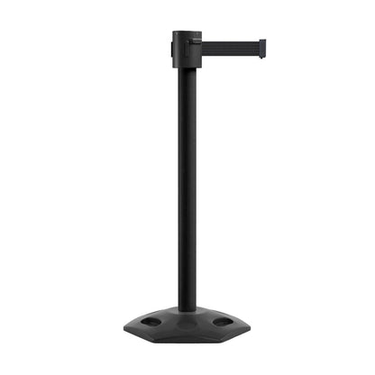 Retractable Belt Barrier Stanchion, Rubber Base, Black Powder Coated Post, 35 ft Belt - Montour Line MSR760 - Crowd Control Warehouse