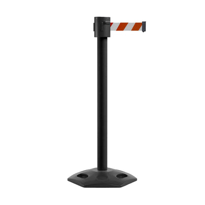 Retractable Belt Barrier Stanchion, Rubber Base, Black Powder Coated Post, 35 ft Belt - Montour Line MSR760 - Crowd Control Warehouse