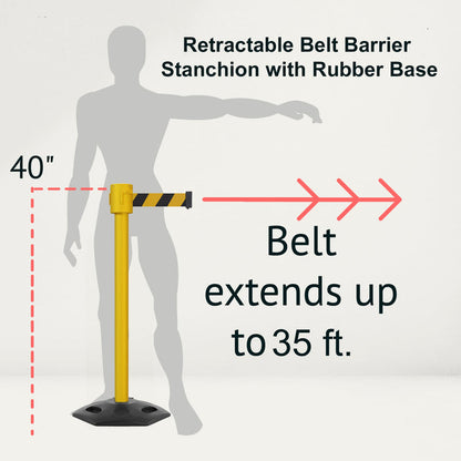 Retractable Belt Barrier Stanchion, Rubber Base, Yellow Post, 35 ft Belt - Montour Line MSR760 - Crowd Control Warehouse