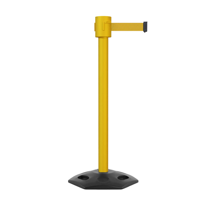 Retractable Belt Barrier Stanchion, Rubber Base, Yellow Post, 35 ft Belt - Montour Line MSR760 - Crowd Control Warehouse