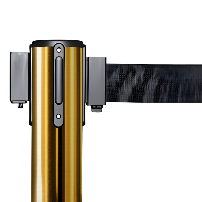 Retractable Belt Barrier Stanchion, Satin Brass Post and Heavy Duty Cast Iron Base, 14 - 16 Ft. Belt – Montour Line MI650 - Crowd Control Warehouse