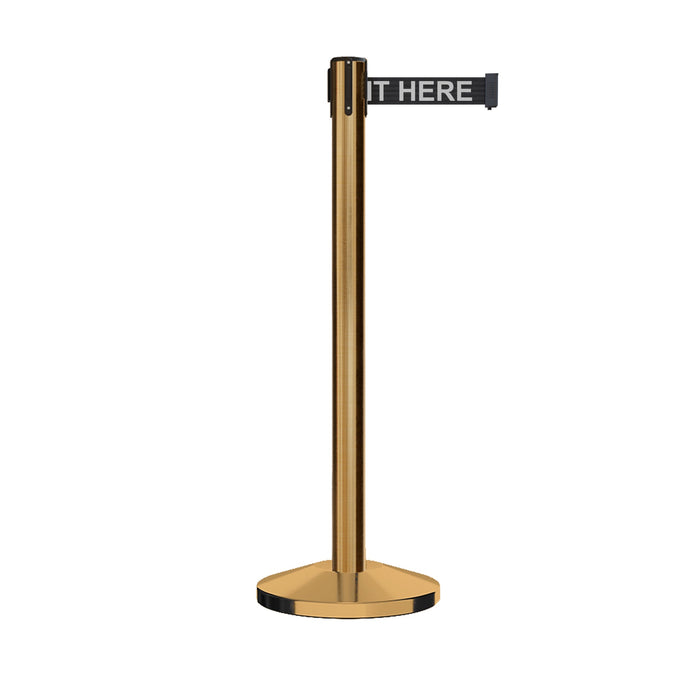 Retractable Belt Barrier Stanchion, Satin Brass Post, Cast Iron Base, 7.5 - 13 Ft. Belt - Montour Line MI630 - Crowd Control Warehouse