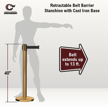 Retractable Belt Barrier Stanchion, Satin Brass Post, Cast Iron Base, 7.5 - 13 Ft. Belt - Montour Line MI630 - Crowd Control Warehouse
