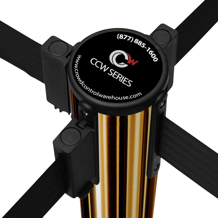 Retractable Belt Barrier Stanchion, Satin Brass Post, Cast Iron Base, 7.5 - 13 Ft. Belt - Montour Line MI630 - Crowd Control Warehouse