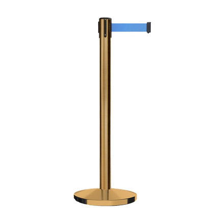 Retractable Belt Barrier Stanchion, Satin Brass Post, Cast Iron Base, 7.5 Ft. Belt - Montour Line MI630 - Crowd Control Warehouse