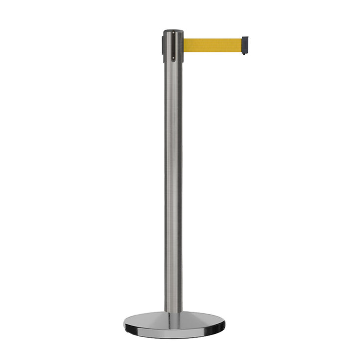 Retractable Belt Barrier Stanchion, Satin Stainless Steel, Cast Iron Base, 9 Ft. Belt - Montour Line MI630 - Crowd Control Warehouse