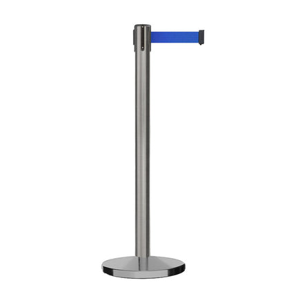 Retractable Belt Barrier Stanchion, Satin Stainless Steel, Cast Iron Base, 9 Ft. Belt - Montour Line MI630 - Crowd Control Warehouse