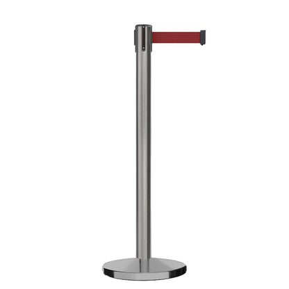 Retractable Belt Barrier Stanchion, Satin Stainless Steel, Cast Iron Base, 9 Ft. Belt - Montour Line MI630 - Crowd Control Warehouse