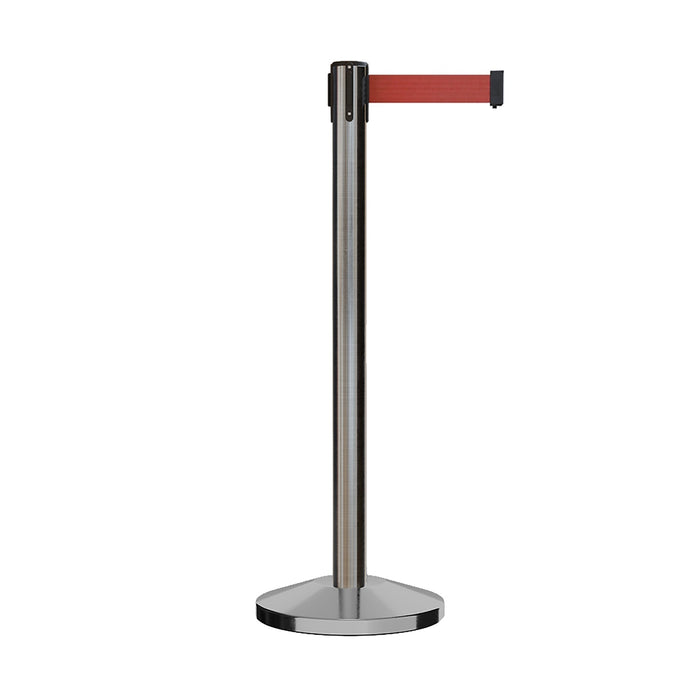 Retractable Belt Barrier Stanchion, Satin Stainless Steel Post, 9 Ft. Belt - CCW Series RBB - 100 - Crowd Control Warehouse