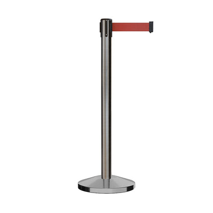 Retractable Belt Barrier Stanchion, Satin Stainless Steel Post, 9 Ft. Belt - CCW Series RBB - 100 - Crowd Control Warehouse