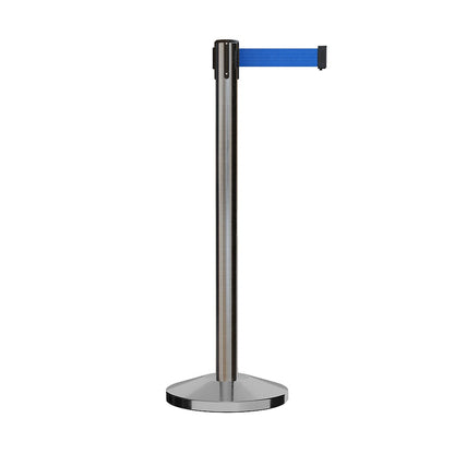 Retractable Belt Barrier Stanchion, Satin Stainless Steel Post, 9 Ft. Belt - CCW Series RBB - 100 - Crowd Control Warehouse