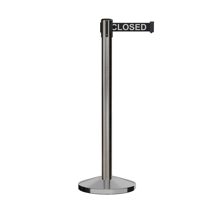 Retractable Belt Barrier Stanchion, Satin Stainless Steel Post, 9 Ft. Belt - CCW Series RBB - 100 - Crowd Control Warehouse