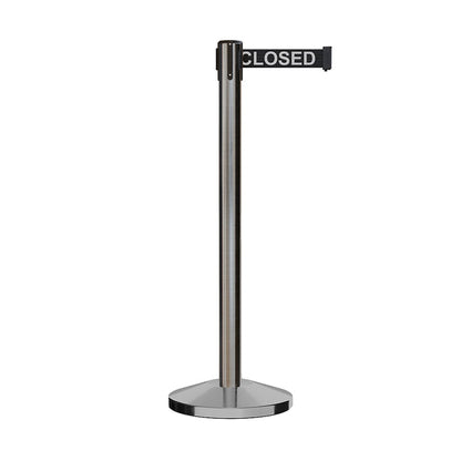 Retractable Belt Barrier Stanchion, Satin Stainless Steel Post, 9 Ft. Belt - CCW Series RBB - 100 - Crowd Control Warehouse