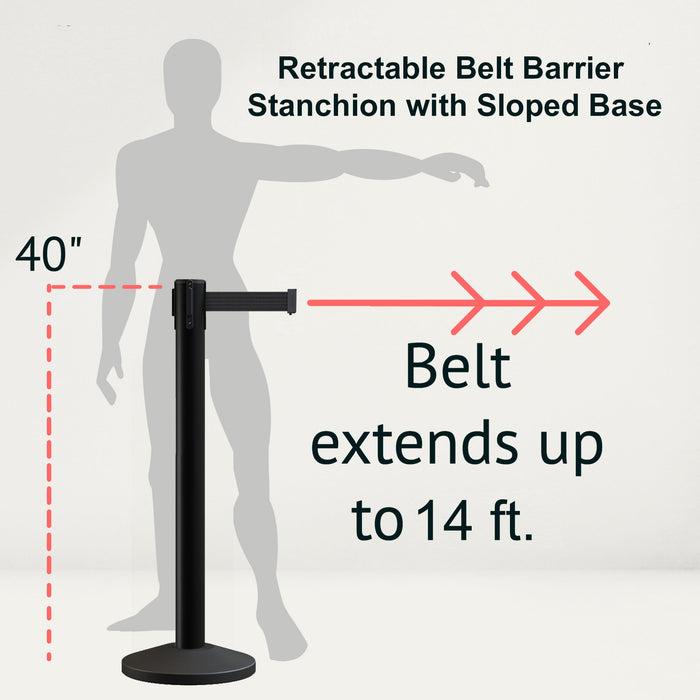 Retractable Belt Barrier Stanchion, Sloped Base, 14 ft Belt - Montour Line M650 - Crowd Control Warehouse
