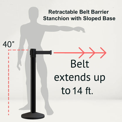 Retractable Belt Barrier Stanchion, Sloped Base, 14 ft Belt - Montour Line M650 - Crowd Control Warehouse