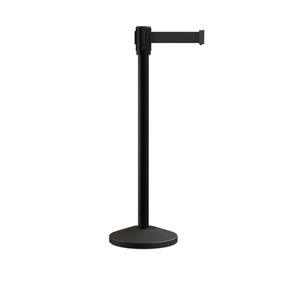 Retractable Belt Barrier Stanchion, Sloped Base, Black Powder Coated Post, 11 ft Belt - Montour Line M530 - Crowd Control Warehouse