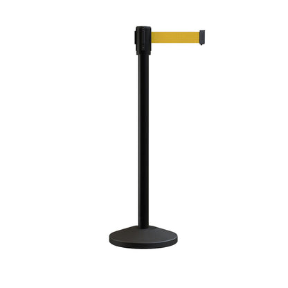 Retractable Belt Barrier Stanchion, Sloped Base, Black Powder Coated Post, 11 ft Belt - Montour Line M530 - Crowd Control Warehouse