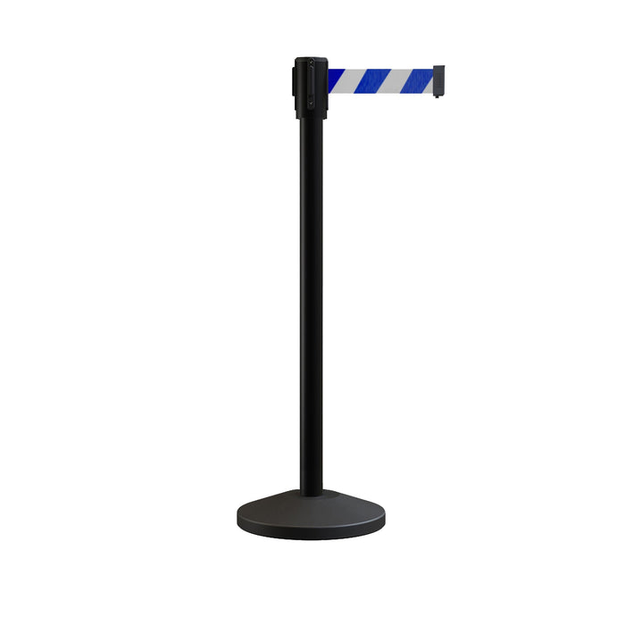 Retractable Belt Barrier Stanchion, Sloped Base, Black Powder Coated Post, 11 ft Belt - Montour Line M530 - Crowd Control Warehouse