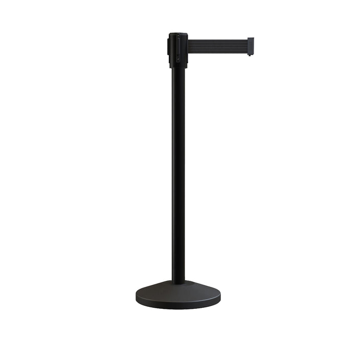 Retractable Belt Barrier Stanchion, Sloped Base, Black Powder Coated Post, 7.5 ft Belt - Montour Line M530 - Crowd Control Warehouse