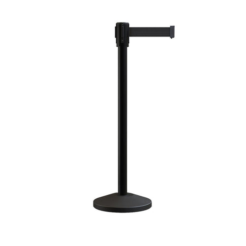 Retractable Belt Barrier Stanchion, Sloped Base, Black Powder Coated Post, 7.5 ft Belt - Montour Line M530 - Crowd Control Warehouse