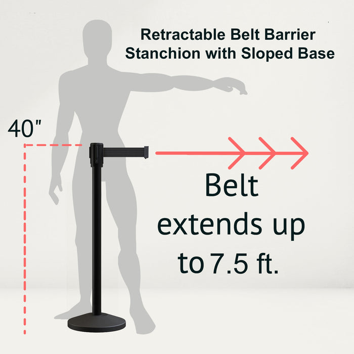 Retractable Belt Barrier Stanchion, Sloped Base, Black Powder Coated Post, 7.5 ft Belt - Montour Line M530 - Crowd Control Warehouse