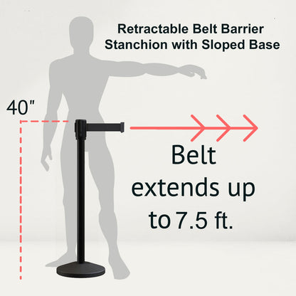 Retractable Belt Barrier Stanchion, Sloped Base, Black Powder Coated Post, 7.5 ft Belt - Montour Line M530 - Crowd Control Warehouse