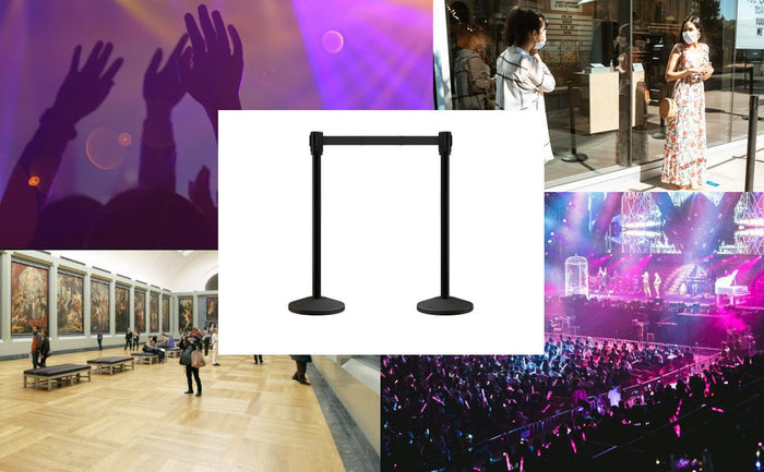 Retractable Belt Barrier Stanchion, Sloped Base, Black Powder Coated Post, 7.5 ft Belt - Montour Line M530 - Crowd Control Warehouse