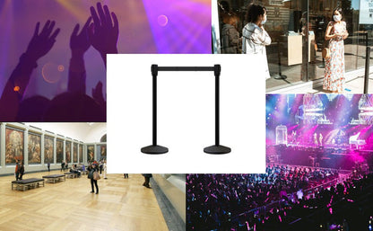 Retractable Belt Barrier Stanchion, Sloped Base, Black Powder Coated Post, 7.5 ft Belt - Montour Line M530 - Crowd Control Warehouse