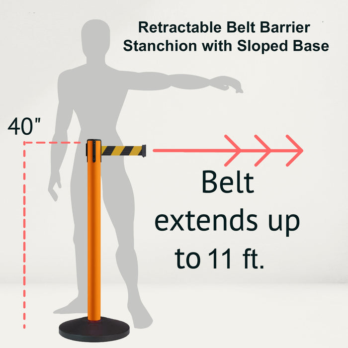 Retractable Belt Barrier Stanchion, Sloped Base, Orange Post, 11 ft Belt - Montour Line MS630 - Crowd Control Warehouse